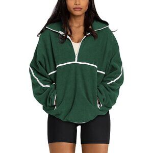 Women's Green Half Zip Pullover Sweatshirt Sherpa Fleece Jacket Oversized